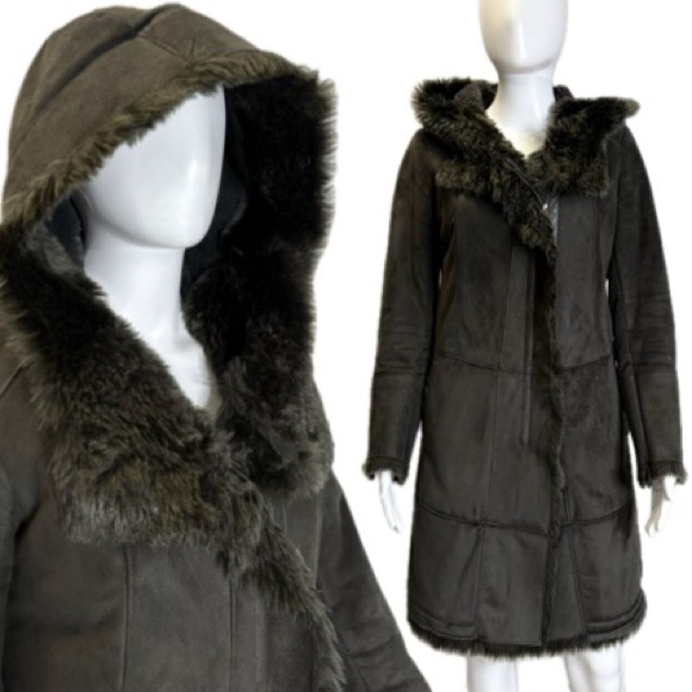T Tahari Faux Suede Fur Lined Hooded Coat Womens Size XS Dark Olive Cozy Duster